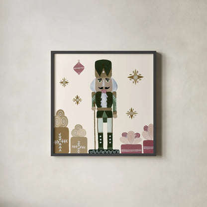 Vintage Nutcrackers V by Yvette St. Amant. Shown in a sleek black glass frame for a contemporary gallery look. Available as an archival giclee rolled canvas, fine art paper, or poster print. SKU 94715a.