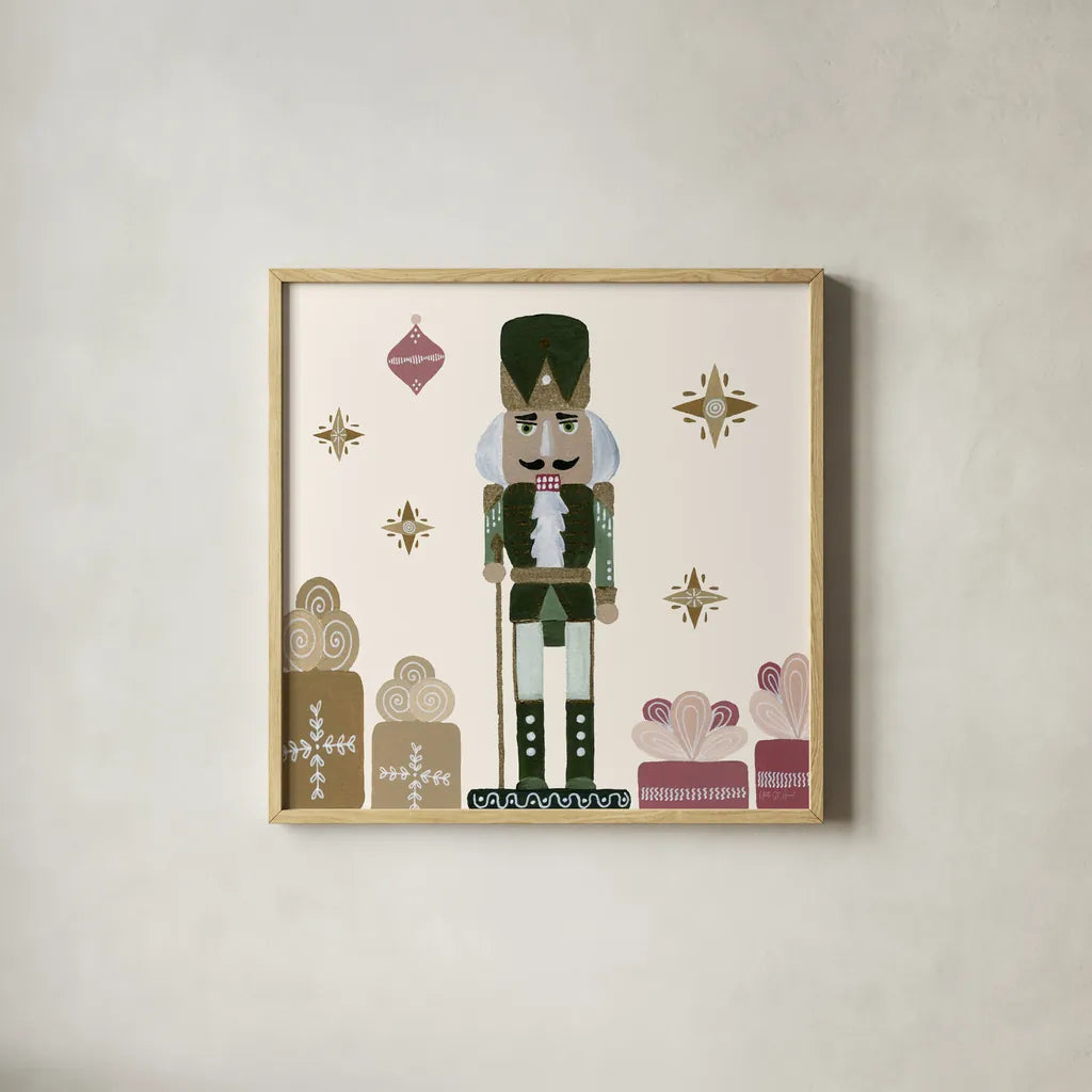 Vintage Nutcrackers V by Yvette St. Amant. Shown in a natural wood glass frame for a timeless modern aesthetic. Available as an archival giclee rolled canvas, fine art paper, or poster print. SKU 94715a.