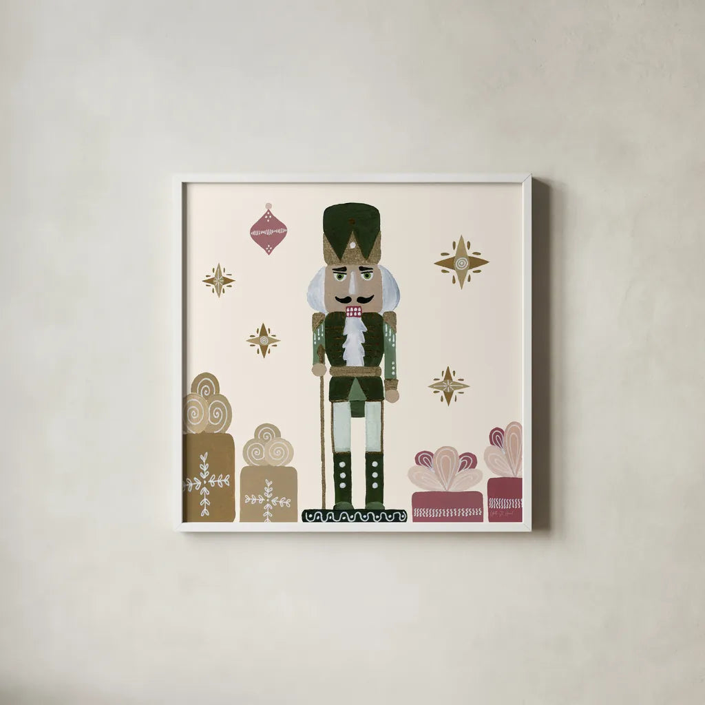 Vintage Nutcrackers V by Yvette St. Amant. Shown in a crisp white glass frame for a clean and minimalist style. Available as an archival giclee rolled canvas, fine art paper, or poster print. SKU 94715a.