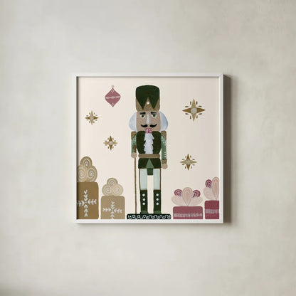 Vintage Nutcrackers V by Yvette St. Amant. Shown in a crisp white glass frame for a clean and minimalist style. Available as an archival giclee rolled canvas, fine art paper, or poster print. SKU 94715a.