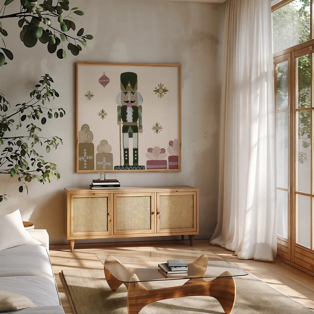 Vintage Nutcrackers V by Yvette St. Amant. Shown in a natural wood frame in a cozy modern living room. Available as an archival giclee rolled canvas, fine art paper, or poster print. SKU 94715a.