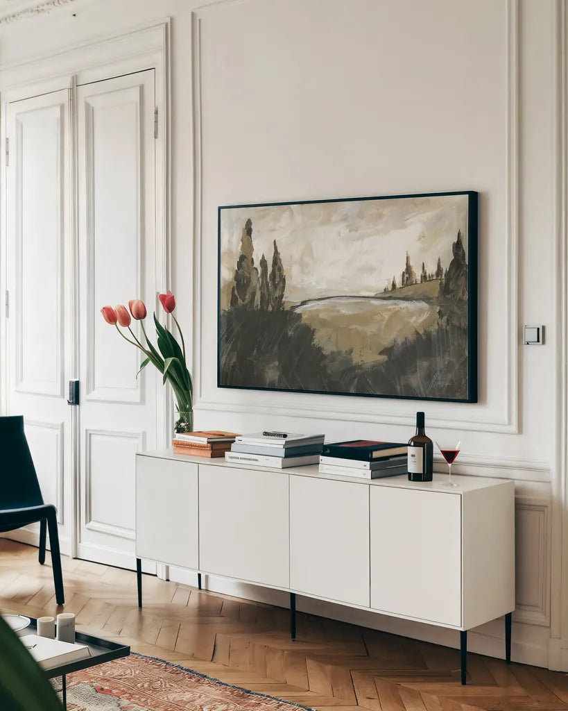 Vintage Rolling Hills by Yvette St. Amant. shown as a framed stretched canvas in a living room above a console. Available as a archival giclee rolled canvas, fine art paper, or poster print. SKU 88213i.