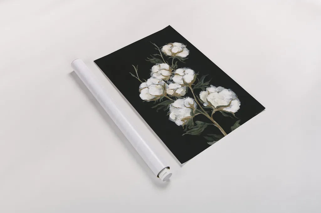 Vintage Stems of Cotton by Yvette St. Amant. shown as a rolled paper print. Available as archival giclee rolled canvas, fine art paper, or poster print. SKU 89779h.