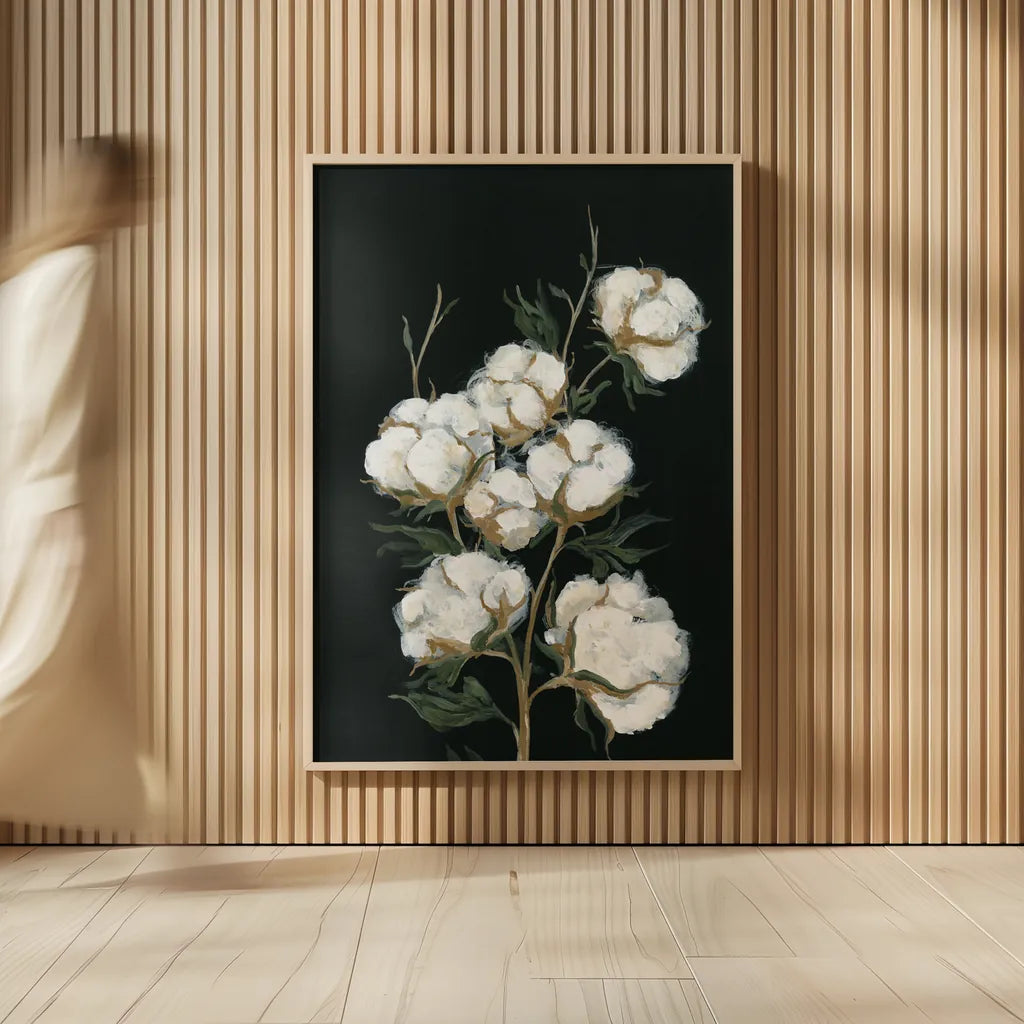 Vintage Stems of Cotton by Yvette St. Amant. shown as over sized large wall art. Available as an archival giclee rolled canvas, fine art paper, or poster print. SKU 89779h.
