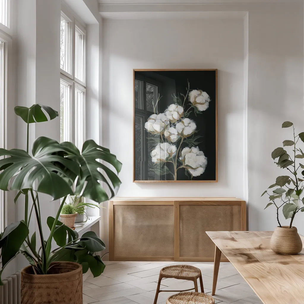 Vintage Stems of Cotton by Yvette St. Amant. shown as a print in a natural wood frame in a dining room. Available as a archival giclee rolled canvas, fine art paper, or poster print. SKU 89779h.