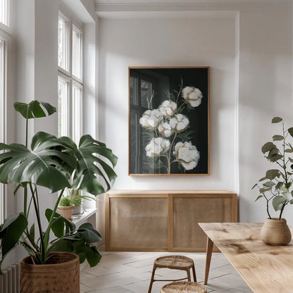 Vintage Stems of Cotton by Yvette St. Amant. shown as a print in a natural wood frame in a dining room. Available as a archival giclee rolled canvas, fine art paper, or poster print. SKU 89779h.