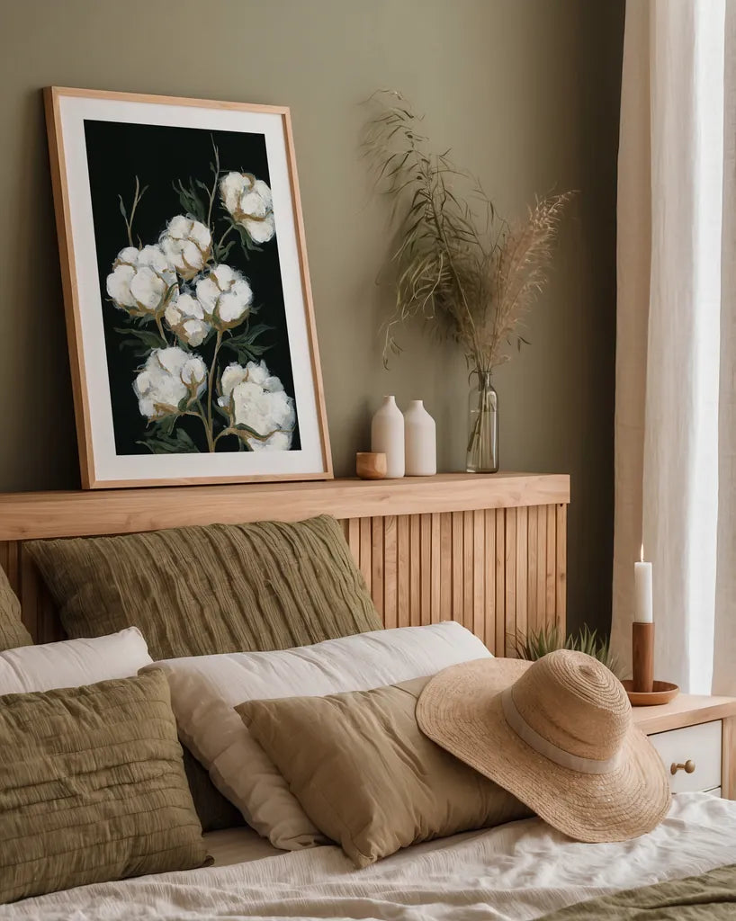 Vintage Stems of Cotton by Yvette St. Amant. shown as a paper print in a natural frame. Available as a archival giclee rolled canvas, fine art paper, or poster print. SKU 89779h.