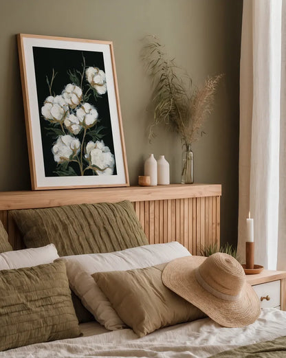 Vintage Stems of Cotton by Yvette St. Amant. shown as a paper print in a natural frame. Available as a archival giclee rolled canvas, fine art paper, or poster print. SKU 89779h.