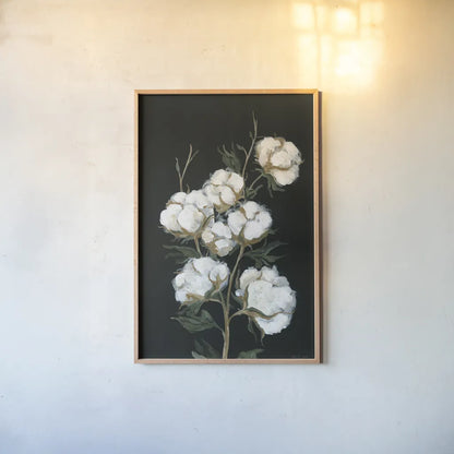 Vintage Stems of Cotton by Yvette St. Amant. shown as a paper print in a natural frame. Available as a archival giclee rolled canvas, fine art paper, or poster print. SKU 89779h.
