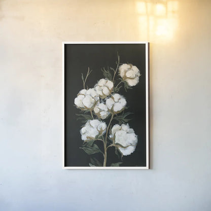 Vintage Stems of Cotton by Yvette St. Amant. shown as a paper print in a white frame. Available as a archival giclee rolled canvas, fine art paper, or poster print. SKU 89779h.