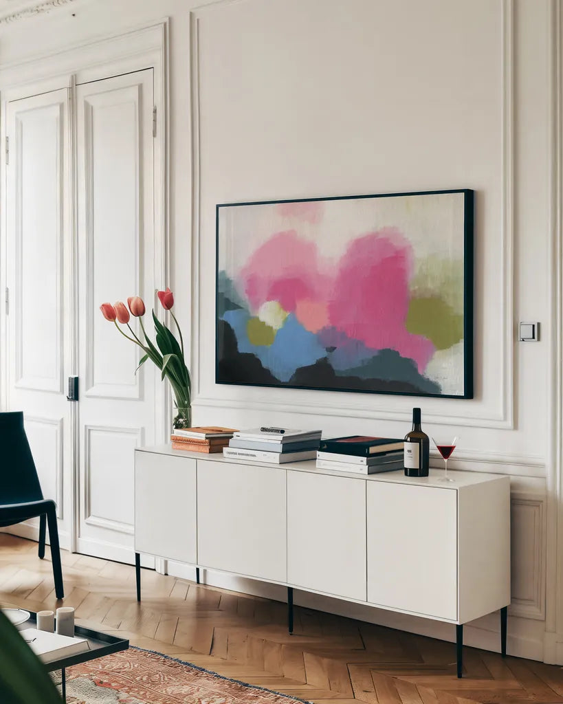 Vividscape by Yvette St. Amant. shown as a framed stretched canvas in a living room above a console. Available as a archival giclee rolled canvas, fine art paper, or poster print. SKU 88197i.