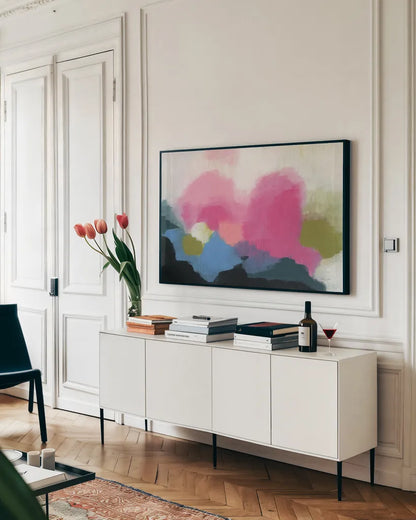 Vividscape by Yvette St. Amant. shown as a framed stretched canvas in a living room above a console. Available as a archival giclee rolled canvas, fine art paper, or poster print. SKU 88197i.