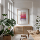 Warm Paint Palette by Yvette St. Amant. shown as a print in a natural wood frame in a dining room. Available as a archival giclee rolled canvas, fine art paper, or poster print. SKU 92218h.