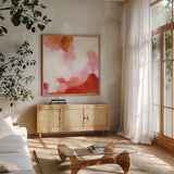 Warmth I by Yvette St. Amant. Shown in a natural wood frame in a cozy modern living room. Available as an archival giclee rolled canvas, fine art paper, or poster print. SKU 99018a.
