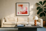 Warmth I by Yvette St. Amant. Displayed in a glass frame with matte in a clean modern living room. Available as an archival giclee rolled canvas, fine art paper, or poster print. SKU 99018a.