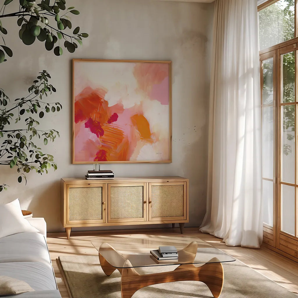 Warmth II by Yvette St. Amant. Shown in a natural wood frame in a cozy modern living room. Available as an archival giclee rolled canvas, fine art paper, or poster print. SKU 99019a.