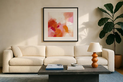Warmth II by Yvette St. Amant. Displayed in a glass frame with matte in a clean modern living room. Available as an archival giclee rolled canvas, fine art paper, or poster print. SKU 99019a.