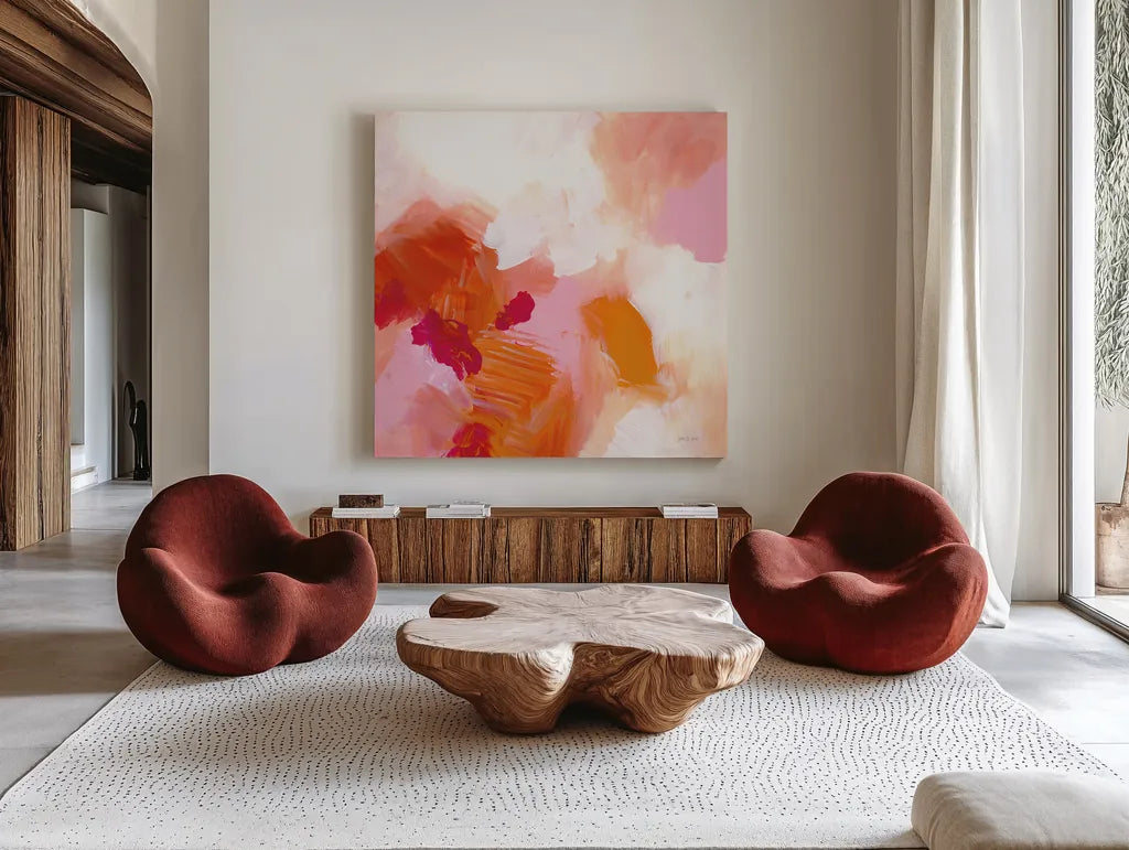Warmth II by Yvette St. Amant. Shown as extra-large giant wall art in a modern living room. Available as an archival giclee rolled canvas, fine art paper, or poster print. SKU 99019a.