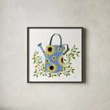 Watering Can with Daisies by Yvette St. Amant. Shown in a sleek black glass frame for a contemporary gallery look. Available as an archival giclee rolled canvas, fine art paper, or poster print. SKU 101178a.