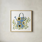 Watering Can with Daisies by Yvette St. Amant. Shown in a natural wood glass frame for a timeless modern aesthetic. Available as an archival giclee rolled canvas, fine art paper, or poster print. SKU 101178a.