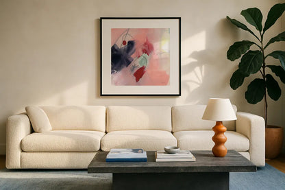 Weekend Retreat I by Yvette St. Amant. Displayed in a glass frame with matte in a clean modern living room. Available as an archival giclee rolled canvas, fine art paper, or poster print. SKU 102297a.