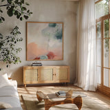 Weekend Retreat II by Yvette St. Amant. Shown in a natural wood frame in a cozy modern living room. Available as an archival giclee rolled canvas, fine art paper, or poster print. SKU 102298a.