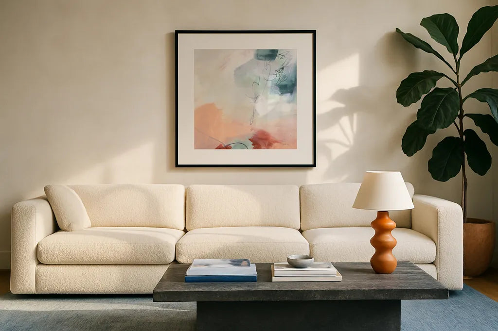 Weekend Retreat II by Yvette St. Amant. Displayed in a glass frame with matte in a clean modern living room. Available as an archival giclee rolled canvas, fine art paper, or poster print. SKU 102298a.
