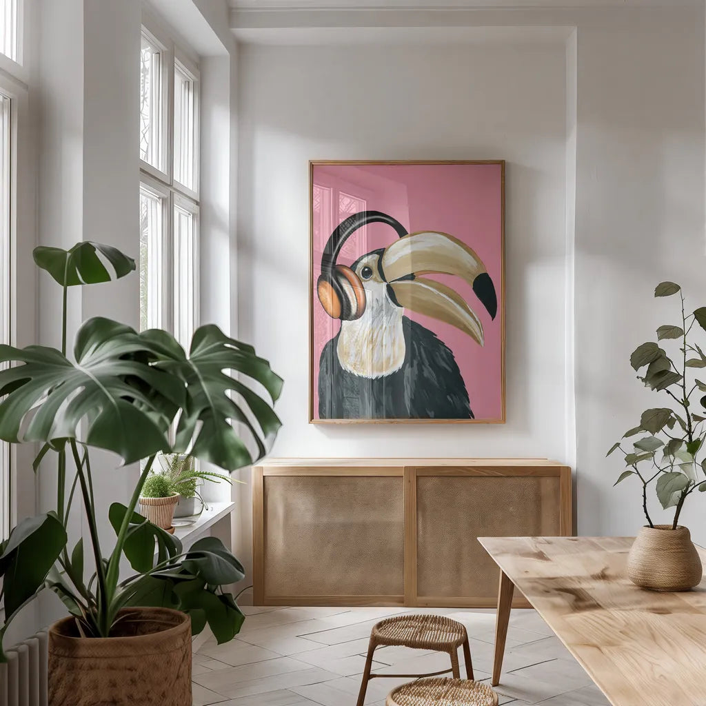 Wild I by Yvette St. Amant. shown as a print in a natural wood frame in a dining room. Available as a archival giclee rolled canvas, fine art paper, or poster print. SKU 88716h.