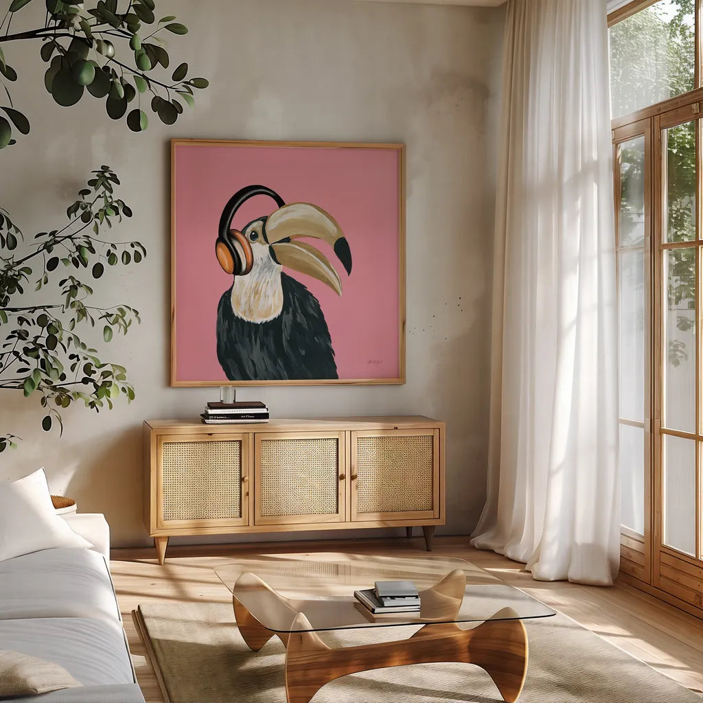 Wild I Sq by Yvette St. Amant. Shown in a natural wood frame in a cozy modern living room. Available as an archival giclee rolled canvas, fine art paper, or poster print. SKU 89383a.