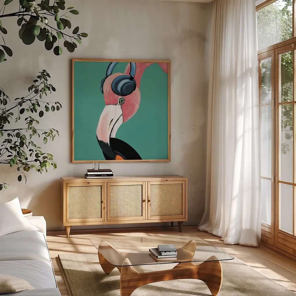 Wild IV Square by Yvette St. Amant. Shown in a natural wood frame in a cozy modern living room. Available as an archival giclee rolled canvas, fine art paper, or poster print. SKU 92722a.