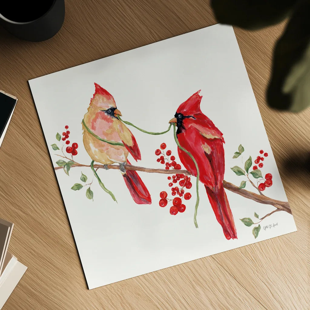 Winterberry Tidings I by Yvette St. Amant. Shown as a detailed flat fine art print, highlighting archival giclee quality. Available as an archival giclee rolled canvas, fine art paper, or poster print. SKU 101222a.