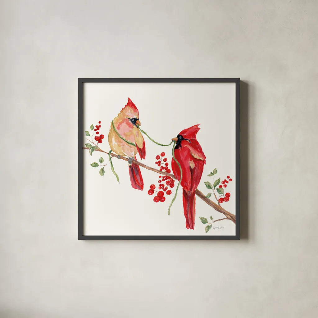 Winterberry Tidings I by Yvette St. Amant. Shown in a sleek black glass frame for a contemporary gallery look. Available as an archival giclee rolled canvas, fine art paper, or poster print. SKU 101222a.