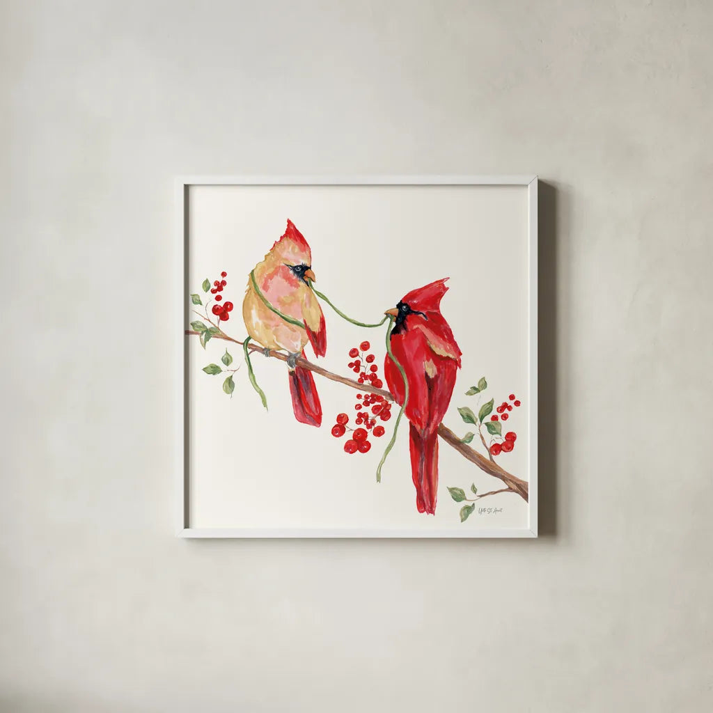 Winterberry Tidings I by Yvette St. Amant. Shown in a crisp white glass frame for a clean and minimalist style. Available as an archival giclee rolled canvas, fine art paper, or poster print. SKU 101222a.