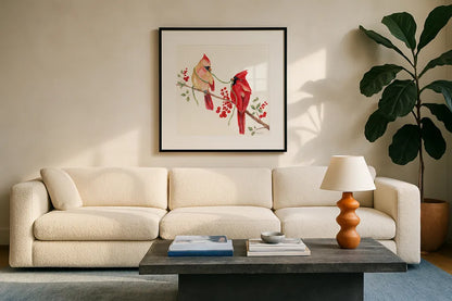 Winterberry Tidings I by Yvette St. Amant. Displayed in a glass frame with matte in a clean modern living room. Available as an archival giclee rolled canvas, fine art paper, or poster print. SKU 101222a.