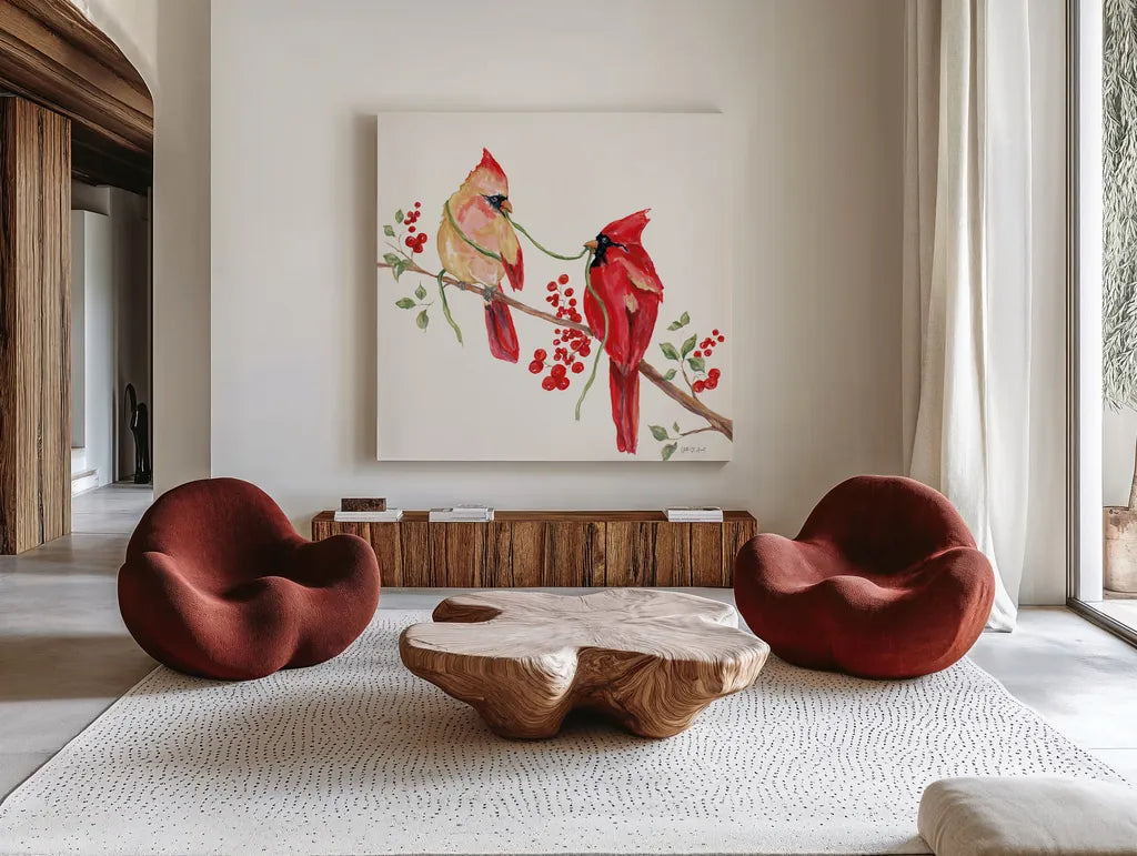 Winterberry Tidings I by Yvette St. Amant. Shown as extra-large giant wall art in a modern living room. Available as an archival giclee rolled canvas, fine art paper, or poster print. SKU 101222a.