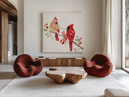 Winterberry Tidings I by Yvette St. Amant. Shown as extra-large giant wall art in a modern living room. Available as an archival giclee rolled canvas, fine art paper, or poster print. SKU 101222a.