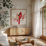Winterberry Tidings II by Yvette St. Amant. Shown in a natural wood frame in a cozy modern living room. Available as an archival giclee rolled canvas, fine art paper, or poster print. SKU 101223a.