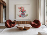 Winterberry Tidings IV by Yvette St. Amant. Shown as extra-large giant wall art in a modern living room. Available as an archival giclee rolled canvas, fine art paper, or poster print. SKU 101225a.