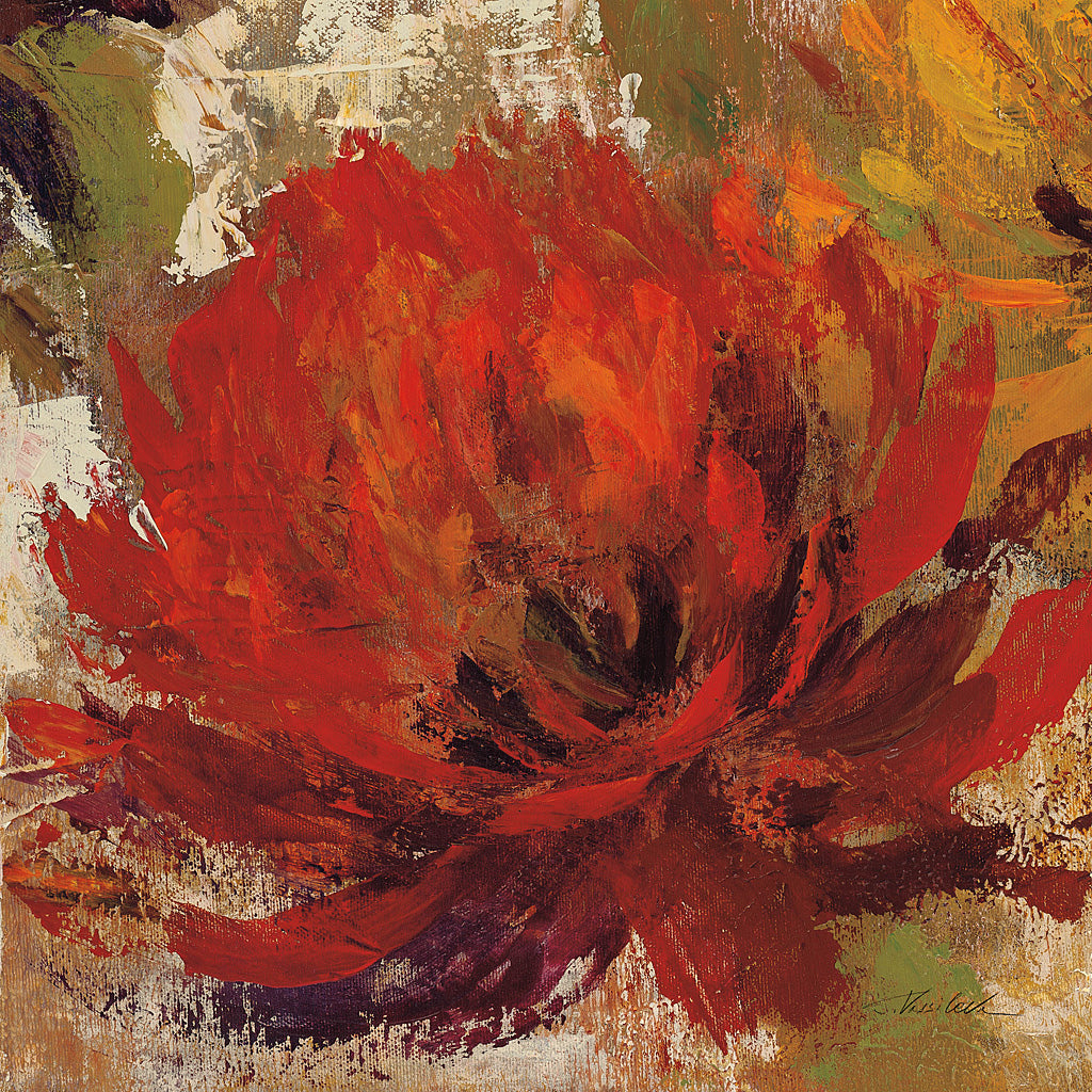 Reproduction of Fiery Dahlias II Red Flower by Silvia Vassileva - Wall Decor Art