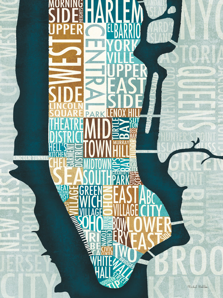 Reproduction of Manhattan Map Blue Brown by Michael Mullan - Wall Decor Art