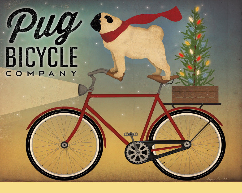 Reproduction of Pug on a Bike Christmas by Ryan Fowler - Wall Decor Art