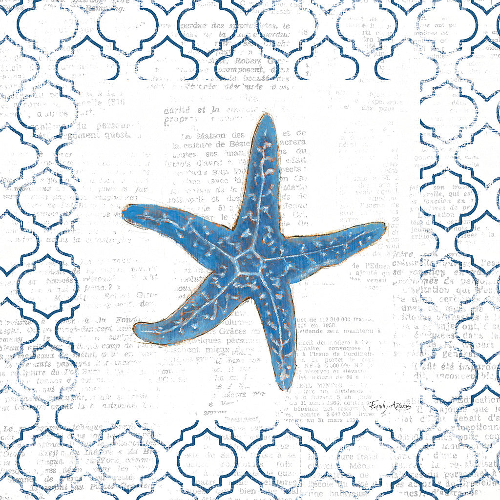 Reproduction of Navy Starfish on Newsprint by Emily Adams - Wall Decor Art
