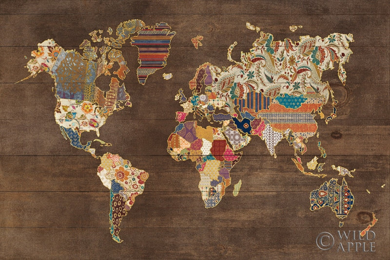Reproduction of Pattern World Map on Wood by Laura Marshall - Wall Decor Art