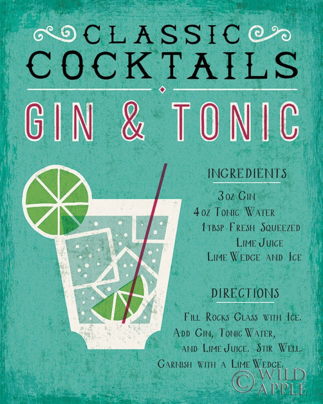 Reproduction of Classic Cocktails Gin and Tonic by Michael Mullan - Wall Decor Art