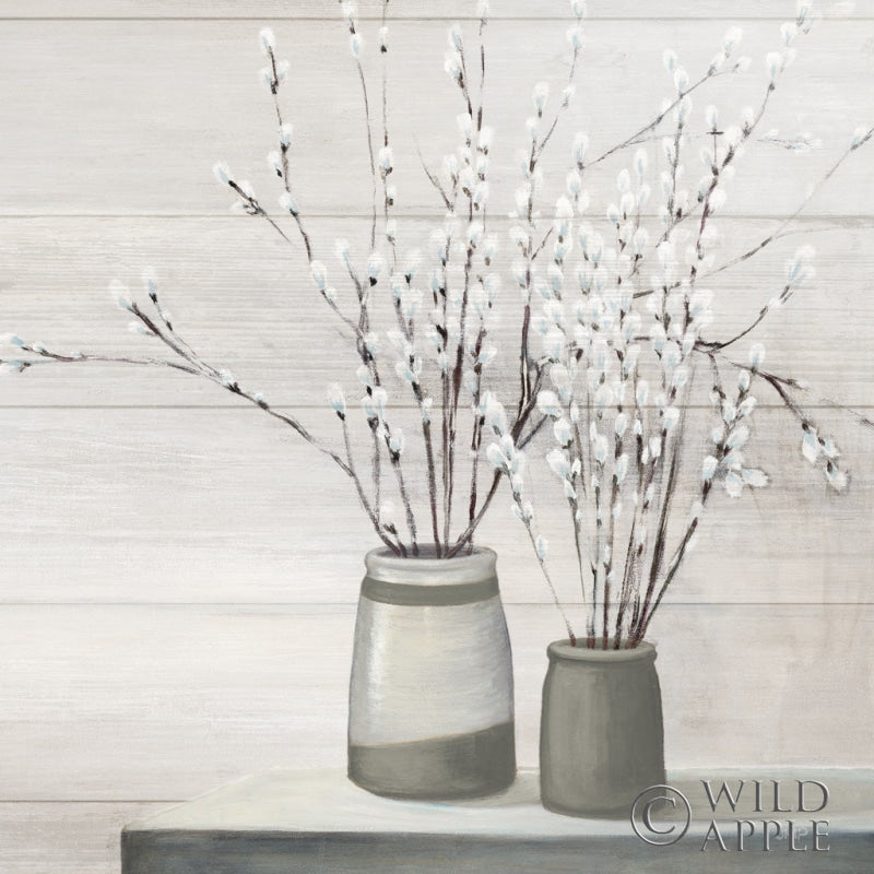 Reproduction of Pussy Willow Still Life Gray Pots Shiplap by Julia Purinton - Wall Decor Art