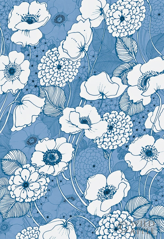 Reproduction of Pen and Ink Flowers on Blue by Wild Apple Portfolio - Wall Decor Art