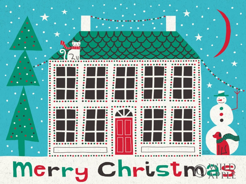 Reproduction of Jolly Holiday Home on Blue Merry Christmas by Michael Mullan - Wall Decor Art