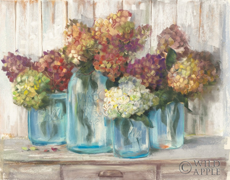 Reproduction of Hydrangeas in Glass Jars White Wood by Carol Rowan - Wall Decor Art