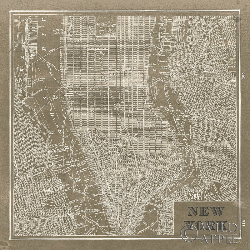 Reproduction of Blueprint Map New York Square Taupe by Sue Schlabach - Wall Decor Art