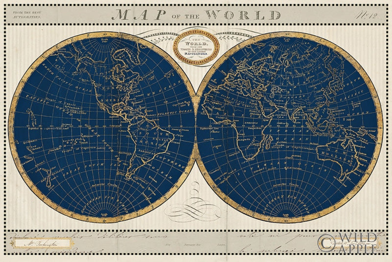 Reproduction of Torkingtons World Map Indigo Globes by Sue Schlabach - Wall Decor Art